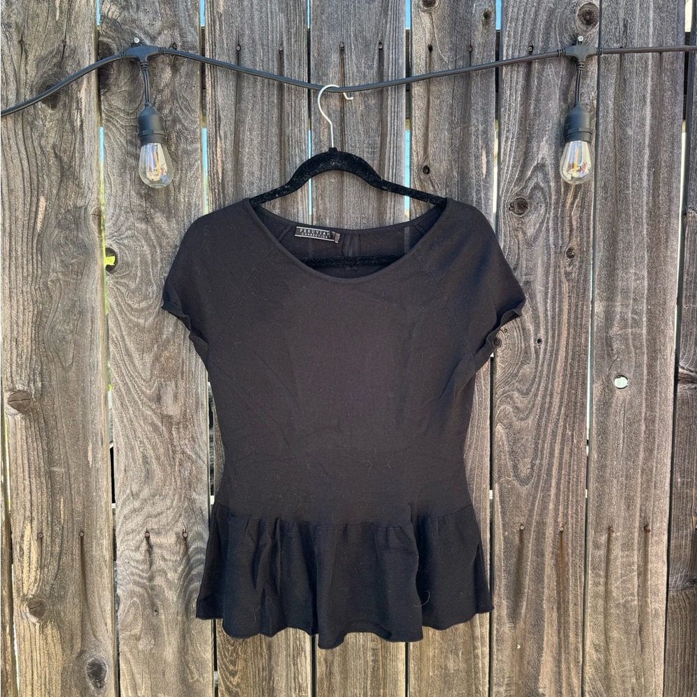 Peruvian Connection Black Pima Cotton Peplum Short Sleeve Blouse with keyhole XS